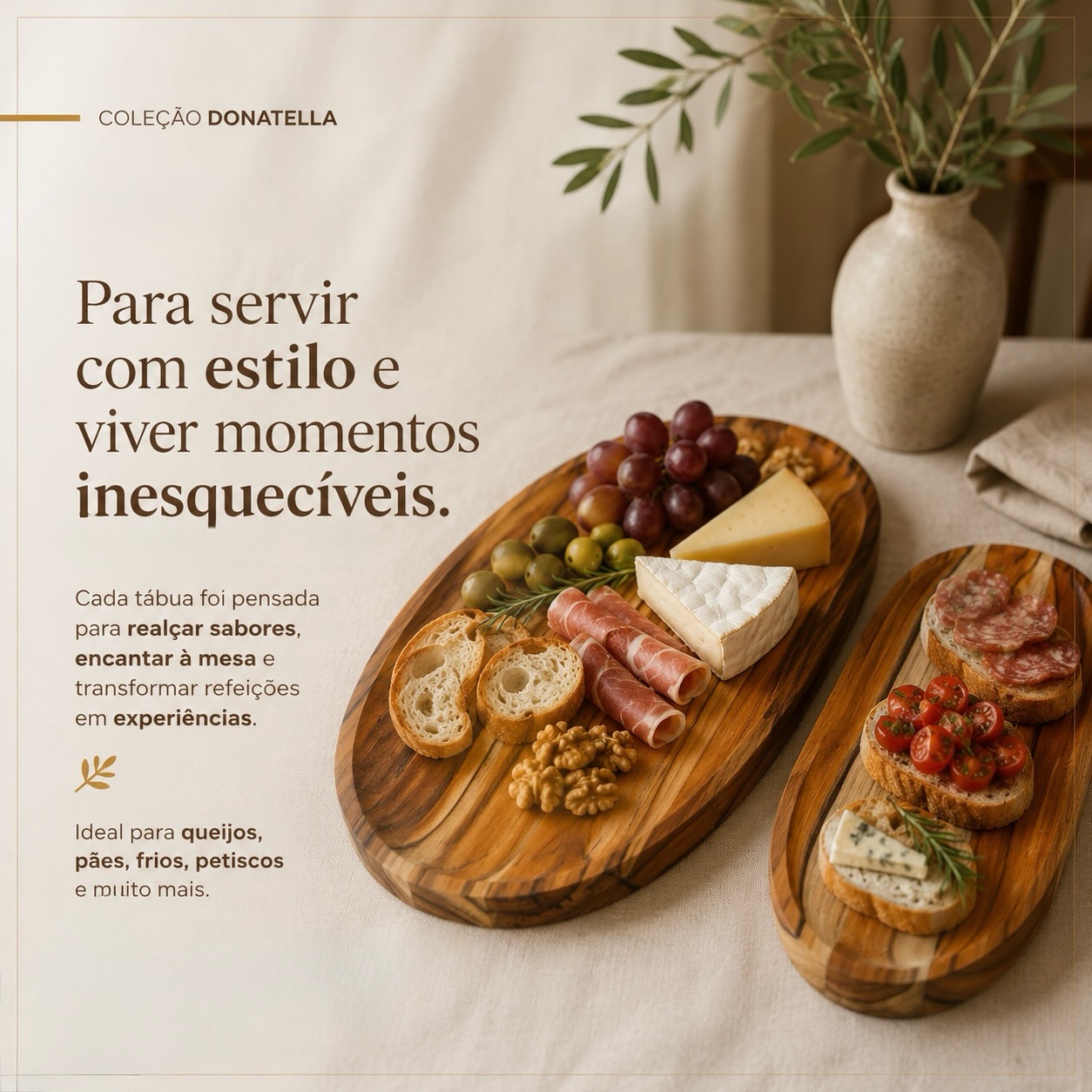 Coleção Donatella BravaWood — duas tábuas servindo queijos, frios e bruschettas