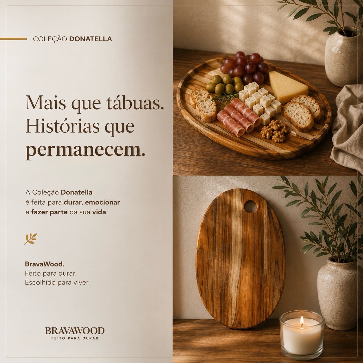Coleção Donatella BravaWood — tábua oval em madeira nobre com queijos, frios e pães