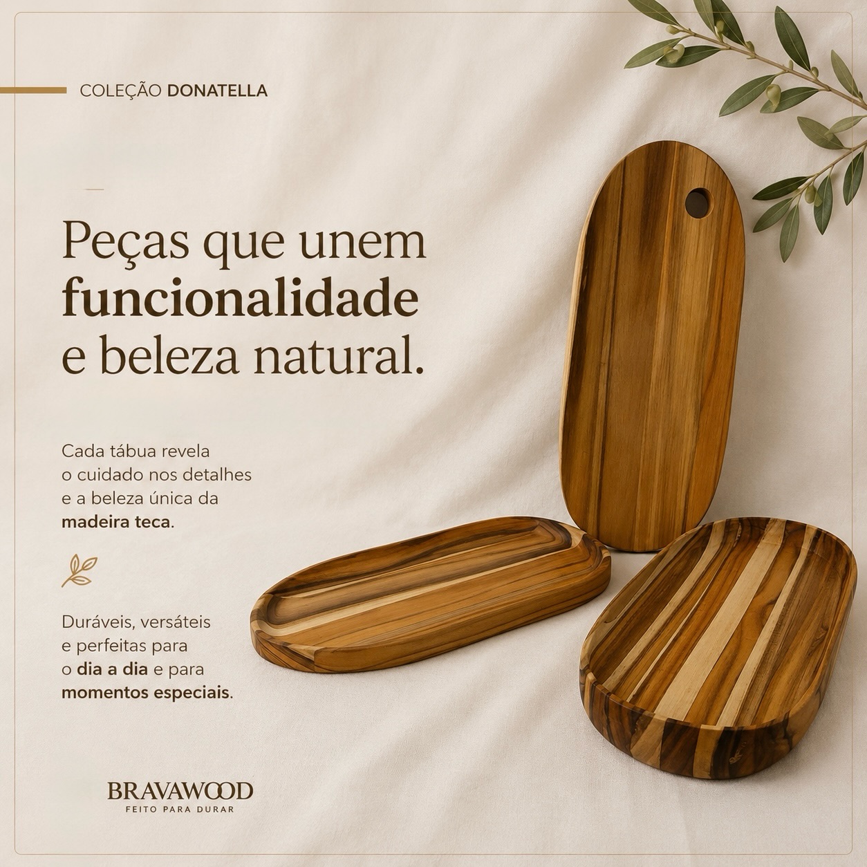 Coleção Donatella BravaWood — trio de tábuas e bandejas em madeira nobre